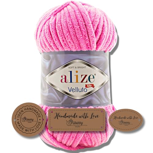 Hobby YARN 3x Etikettenlabel mit Alize Velluto Wolle Premium 1x100g als Set | Dicke Wolle zum Häkeln (Cotton Candy | 121) von Hobby YARN