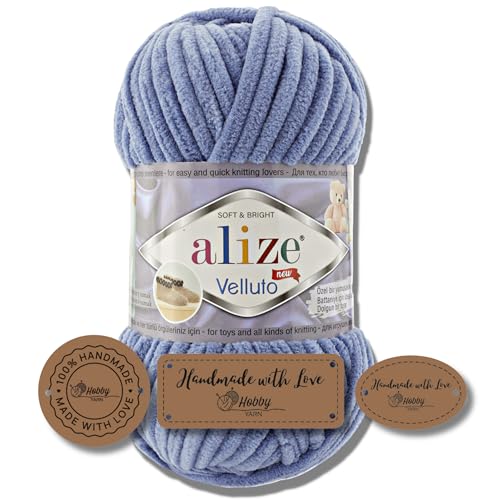 Hobby YARN 3x Etikettenlabel mit Alize Velluto Wolle Premium 1x100g als Set | Dicke Wolle zum Häkeln (Denim | 374) von Hobby YARN