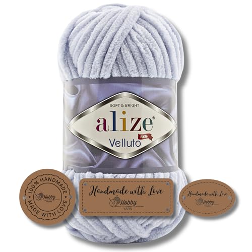Hobby YARN 3x Etikettenlabel mit Alize Velluto Wolle Premium 1x100g als Set | Dicke Wolle zum Häkeln (Grey | 416) von Hobby YARN