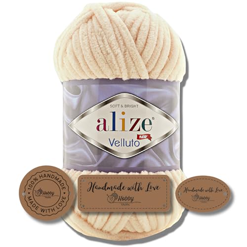 Hobby YARN 3x Etikettenlabel mit Alize Velluto Wolle Premium 1x100g als Set | Dicke Wolle zum Häkeln (Honey | 310) von Hobby YARN