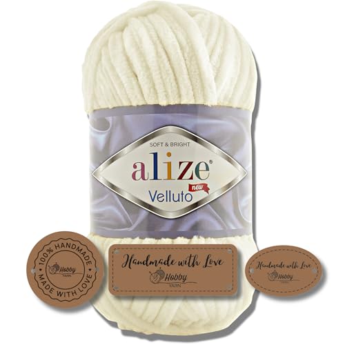 Hobby YARN 3x Etikettenlabel mit Alize Velluto Wolle Premium 1x100g als Set | Dicke Wolle zum Häkeln (Light Cream | 62) von Hobby YARN
