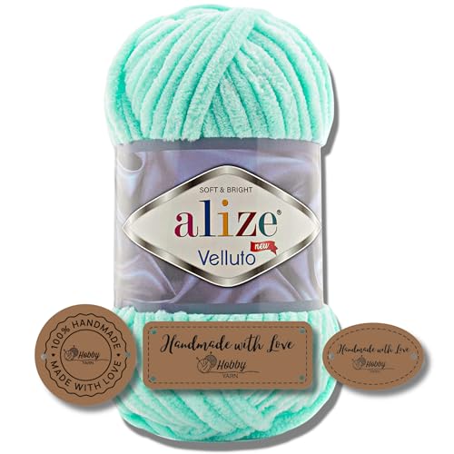 Hobby YARN 3x Etikettenlabel mit Alize Velluto Wolle Premium 1x100g als Set | Dicke Wolle zum Häkeln (Light Turquoise | 19) von Hobby YARN