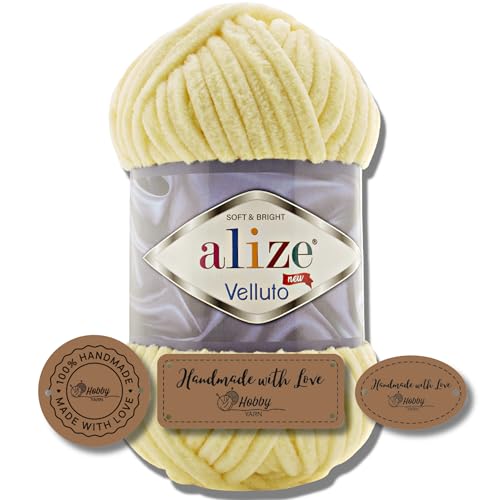 Hobby YARN 3x Etikettenlabel mit Alize Velluto Wolle Premium 1x100g als Set | Dicke Wolle zum Häkeln (Light Yellow | 13) von Hobby YARN