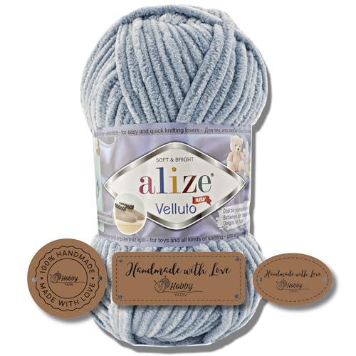 Hobby YARN 3x Etikettenlabel mit Alize Velluto Wolle Premium 1x100g als Set | Dicke Wolle zum Häkeln (Medium Grey | 428) von Hobby YARN