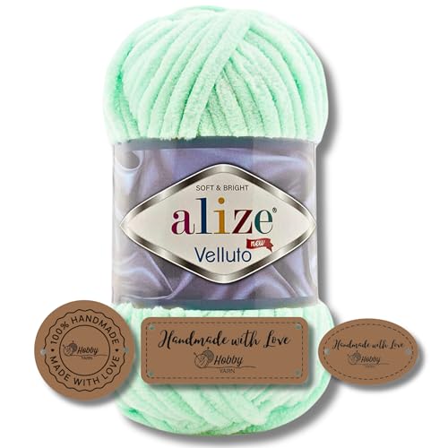 Hobby YARN 3x Etikettenlabel mit Alize Velluto Wolle Premium 1x100g als Set | Dicke Wolle zum Häkeln (Mint | 464) von Hobby YARN