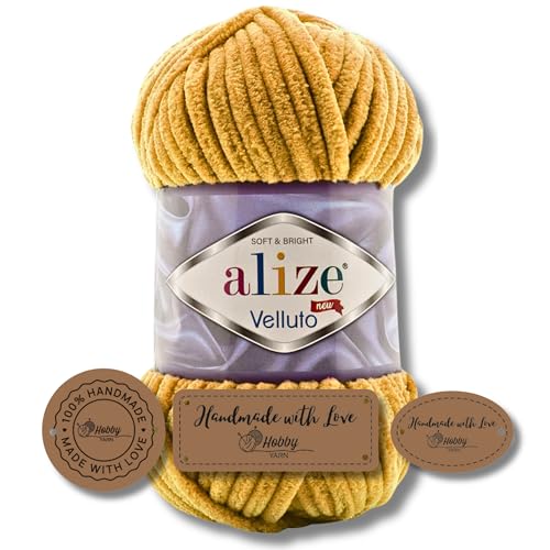 Hobby YARN 3x Etikettenlabel mit Alize Velluto Wolle Premium 1x100g als Set | Dicke Wolle zum Häkeln (Mustard | 2) von Hobby YARN