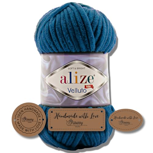 Hobby YARN 3x Etikettenlabel mit Alize Velluto Wolle Premium 1x100g als Set | Dicke Wolle zum Häkeln (Mykonos Blue | 646) von Hobby YARN