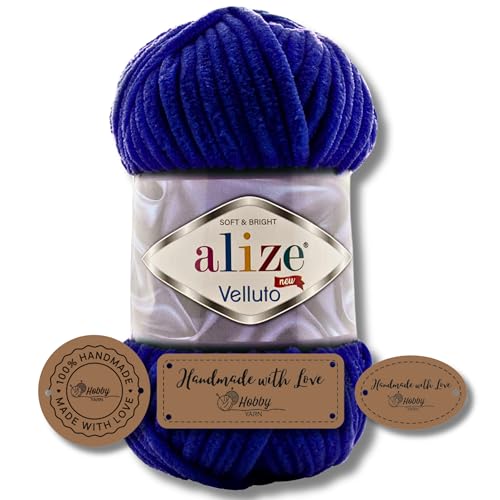 Hobby YARN 3x Etikettenlabel mit Alize Velluto Wolle Premium 1x100g als Set | Dicke Wolle zum Häkeln (Navy | 360) von Hobby YARN