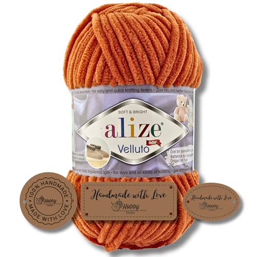 Hobby YARN 3x Etikettenlabel mit Alize Velluto Wolle Premium 1x100g als Set | Dicke Wolle zum Häkeln (Orange | 6) von Hobby YARN