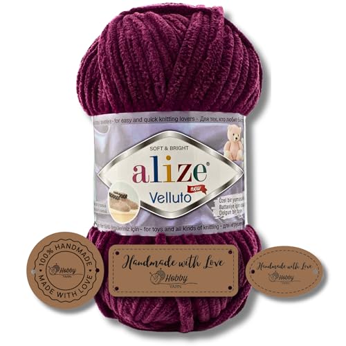 Hobby YARN 3x Etikettenlabel mit Alize Velluto Wolle Premium 1x100g als Set | Dicke Wolle zum Häkeln (Plum | 111) von Hobby YARN
