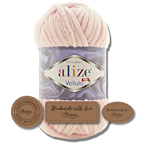 Hobby YARN 3x Etikettenlabel mit Alize Velluto Wolle Premium 1x100g als Set | Dicke Wolle zum Häkeln (Powder Pink | 340) von Hobby YARN
