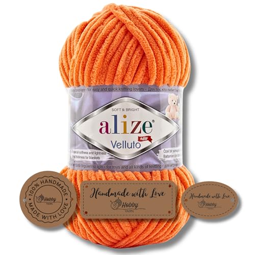 Hobby YARN 3x Etikettenlabel mit Alize Velluto Wolle Premium 1x100g als Set | Dicke Wolle zum Häkeln (Pumpkin Orange I 550) von Hobby YARN