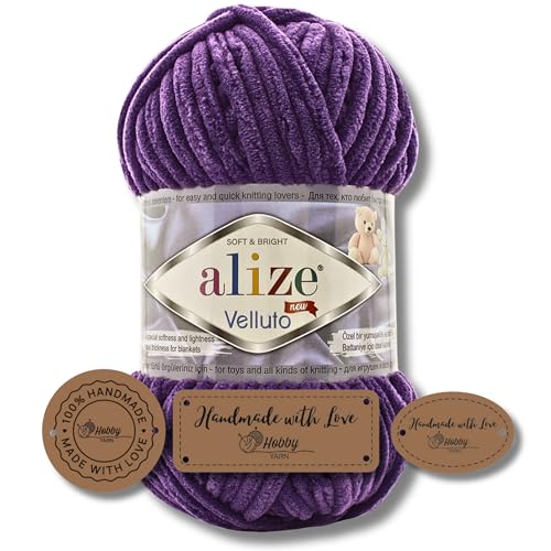 Hobby YARN 3x Etikettenlabel mit Alize Velluto Wolle Premium 1x100g als Set | Dicke Wolle zum Häkeln (Purple | 44) von Hobby YARN
