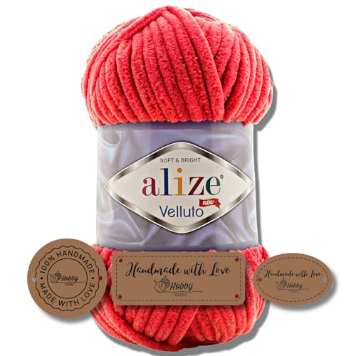 Hobby YARN 3x Etikettenlabel mit Alize Velluto Wolle Premium 1x100g als Set | Dicke Wolle zum Häkeln (Red | 56) von Hobby YARN