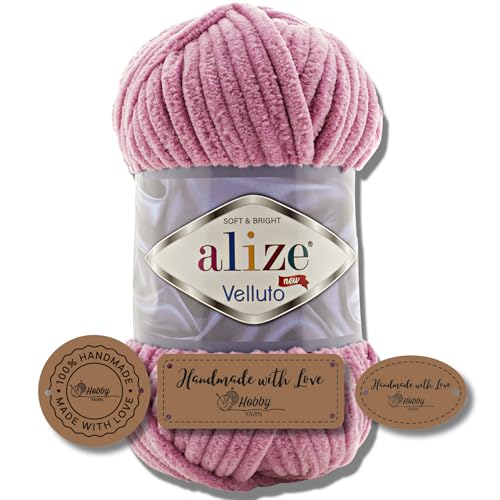 Hobby YARN 3x Etikettenlabel mit Alize Velluto Wolle Premium 1x100g als Set | Dicke Wolle zum Häkeln (Rose | 98) von Hobby YARN