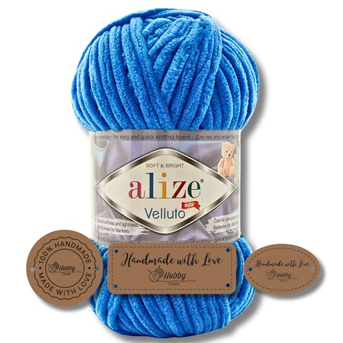Hobby YARN 3x Etikettenlabel mit Alize Velluto Wolle Premium 1x100g als Set | Dicke Wolle zum Häkeln (Royal Blue I 141) von Hobby YARN