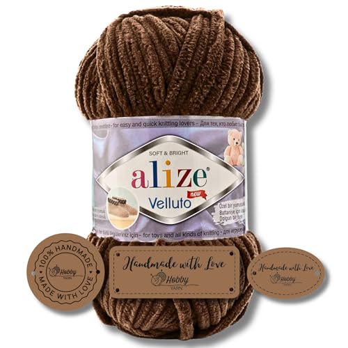 Hobby YARN 3x Etikettenlabel mit Alize Velluto Wolle Premium 1x100g als Set | Dicke Wolle zum Häkeln (Teddy Brown I 493) von Hobby YARN
