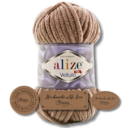 Hobby YARN 3x Etikettenlabel mit Alize Velluto Wolle Premium 1x100g als Set | Dicke Wolle zum Häkeln (Tobacco Brown | 329) von Hobby YARN