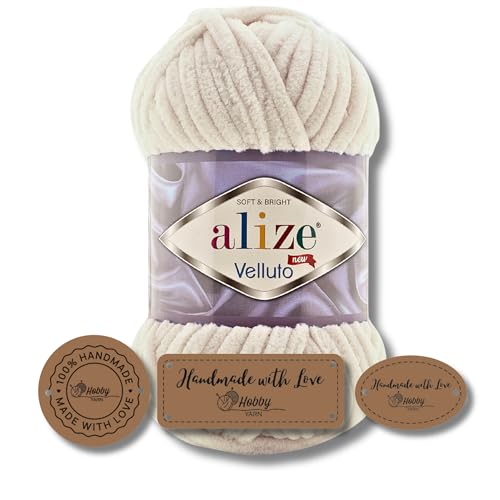 Hobby YARN 3x Etikettenlabel mit Alize Velluto Wolle Premium 1x100g als Set | Dicke Wolle zum Häkeln (Velvet Sand I 599) von Hobby YARN