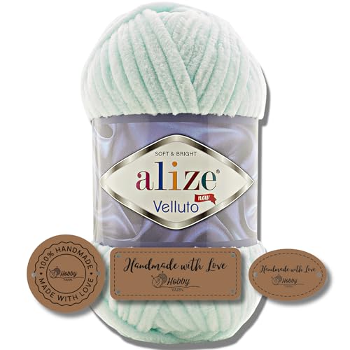 Hobby YARN 3x Etikettenlabel mit Alize Velluto Wolle Premium 1x100g als Set | Dicke Wolle zum Häkeln (Water Green | 15) von Hobby YARN