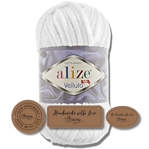 Hobby YARN 3x Etikettenlabel mit Alize Velluto Wolle Premium 1x100g als Set | Dicke Wolle zum Häkeln (White | 55) von Hobby YARN