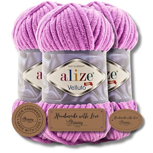 Hobby YARN 3x Etikettenlabel mit Alize Velluto Wolle Premium 3x100g als Set, Chenille Dicke Wolle zum Häkeln Uni Farbe Bulky Amigurumi Baby Kuschelwolle Filzwolle (Orchid - 378) von Hobby YARN