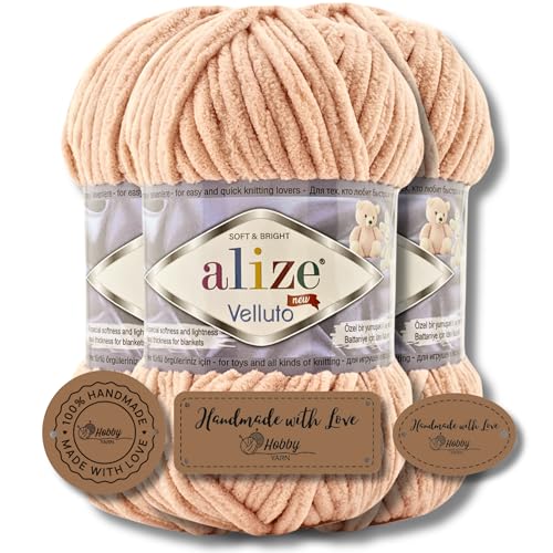Hobby YARN 3x Etikettenlabel mit Alize Velluto Wolle Premium 3x100g als Set, Chenille Dicke Wolle zum Häkeln Uni Farbe Bulky Amigurumi Baby Kuschelwolle Filzwolle (Wedding Pink - 866) von Hobby YARN