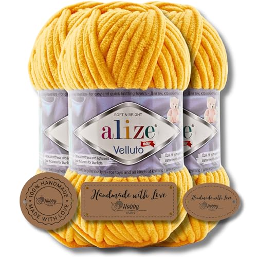 Hobby YARN 3x Etikettenlabel mit Alize Velluto Wolle Premium 3x100g als Set | Chenille Dicke Wolle zum Häkeln Uni Farbe Bulky Amigurumi Baby Kuschelwolle Filzwolle (Apricot I 216) von Hobby YARN