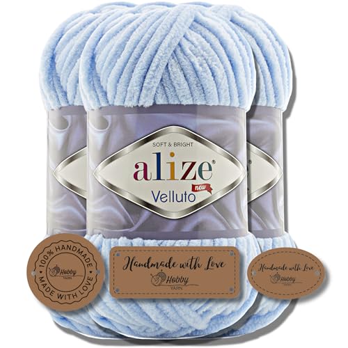 Hobby YARN 3x Etikettenlabel mit Alize Velluto Wolle Premium 3x100g als Set | Chenille Dicke Wolle zum Häkeln Uni Farbe Bulky Amigurumi Baby Kuschelwolle Filzwolle (Baby Blue | 218) von Hobby YARN