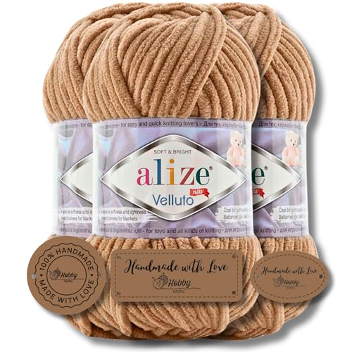 Hobby YARN 3x Etikettenlabel mit Alize Velluto Wolle Premium 3x100g als Set | Chenille Dicke Wolle zum Häkeln Uni Farbe Bulky Amigurumi Baby Kuschelwolle Filzwolle (Caramel Brown I 199) von Hobby YARN