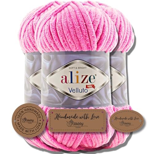 Hobby YARN 3x Etikettenlabel mit Alize Velluto Wolle Premium 3x100g als Set | Chenille Dicke Wolle zum Häkeln Uni Farbe Bulky Amigurumi Baby Kuschelwolle Filzwolle (Cotton Candy | 121) von Hobby YARN