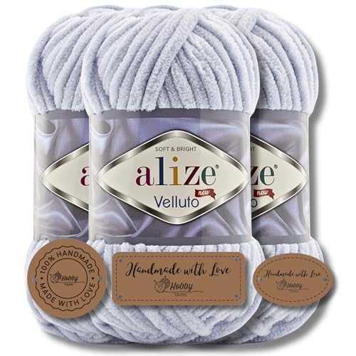 Hobby YARN 3x Etikettenlabel mit Alize Velluto Wolle Premium 3x100g als Set | Chenille Dicke Wolle zum Häkeln Uni Farbe Bulky Amigurumi Baby Kuschelwolle Filzwolle (Grey | 416) von Hobby YARN