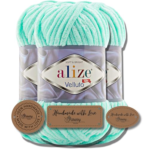 Hobby YARN 3x Etikettenlabel mit Alize Velluto Wolle Premium 3x100g als Set | Chenille Dicke Wolle zum Häkeln Uni Farbe Bulky Amigurumi Baby Kuschelwolle Filzwolle (Light Turquoise | 19) von Hobby YARN