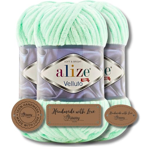 Hobby YARN 3x Etikettenlabel mit Alize Velluto Wolle Premium 3x100g als Set | Chenille Dicke Wolle zum Häkeln Uni Farbe Bulky Amigurumi Baby Kuschelwolle Filzwolle (Mint | 464) von Hobby YARN