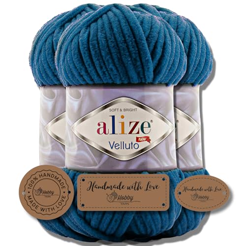 Hobby YARN 3x Etikettenlabel mit Alize Velluto Wolle Premium 3x100g als Set | Chenille Dicke Wolle zum Häkeln Uni Farbe Bulky Amigurumi Baby Kuschelwolle Filzwolle (Mykonos Blue | 646) von Hobby YARN