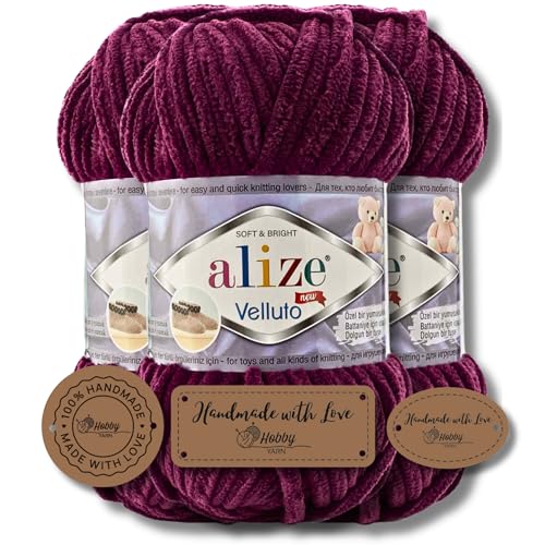 Hobby YARN 3x Etikettenlabel mit Alize Velluto Wolle Premium 3x100g als Set, Chenille Dicke Wolle zum Häkeln Uni Farbe Bulky Amigurumi Baby Kuschelwolle Filzwolle (Plum - 111) von Hobby YARN