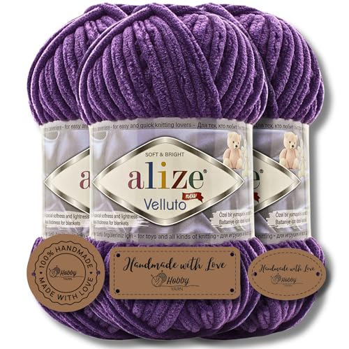 Hobby YARN 3x Etikettenlabel mit Alize Velluto Wolle Premium 3x100g als Set | Chenille Dicke Wolle zum Häkeln Uni Farbe Bulky Amigurumi Baby Kuschelwolle Filzwolle (Purple | 44) von Hobby YARN