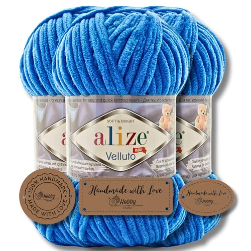 Hobby YARN 3x Etikettenlabel mit Alize Velluto Wolle Premium 3x100g als Set | Chenille Dicke Wolle zum Häkeln Uni Farbe Bulky Amigurumi Baby Kuschelwolle Filzwolle (Royal Blue I 141) von Hobby YARN