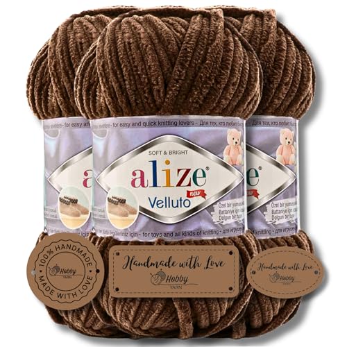 Hobby YARN 3x Etikettenlabel mit Alize Velluto Wolle Premium 3x100g als Set | Chenille Dicke Wolle zum Häkeln Uni Farbe Bulky Amigurumi Baby Kuschelwolle Filzwolle (Teddy Brown I 493) von Hobby YARN