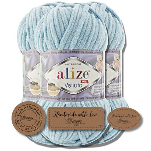 Hobby YARN 3x Etikettenlabel mit Alize Velluto Wolle Premium 3x100g als Set, Chenille Dicke Wolle zum Häkeln Uni Farbe Bulky Amigurumi Baby Kuschelwolle Filzwolle (Azure - 414) von Hobby YARN