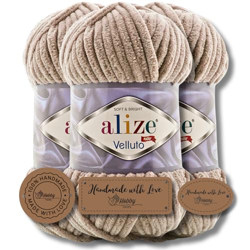 Hobby YARN 3x Etikettenlabel mit Alize Velluto Wolle Premium 3x100g als Set | Chenille Dicke Wolle zum Häkeln Uni Farbe Bulky Amigurumi Baby Kuschelwolle Filzwolle (Beige | 530) von Hobby YARN