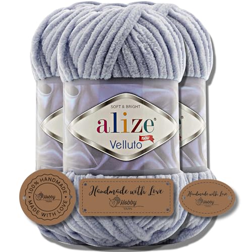 Hobby YARN 3x Etikettenlabel mit Alize Velluto Wolle Premium 3x100g als Set | Dicke Wolle zum Häkeln (Coal Grey | 87) von Hobby YARN