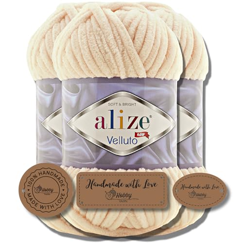 Hobby YARN 3x Etikettenlabel mit Alize Velluto Wolle Premium 3x100g als Set, Chenille Dicke Wolle zum Häkeln Uni Farbe Bulky Amigurumi Baby Kuschelwolle Filzwolle (Honey - 310) von Hobby YARN