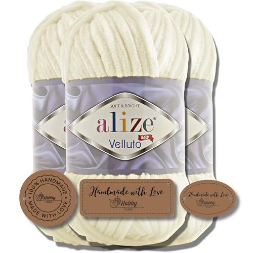 Hobby YARN 3x Etikettenlabel mit Alize Velluto Wolle Premium 3x100g als Set, Chenille Dicke Wolle zum Häkeln Uni Farbe Bulky Amigurumi Baby Kuschelwolle Filzwolle (Light Cream - 62) von Hobby YARN