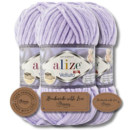 Hobby YARN 3x Etikettenlabel mit Alize Velluto Wolle Premium 3x100g als Set, Chenille Dicke Wolle zum Häkeln Uni Farbe Bulky Amigurumi Baby Kuschelwolle Filzwolle (Lilac - 146) von Hobby YARN