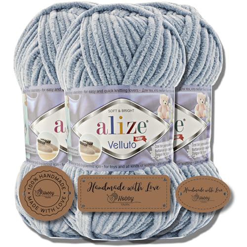 Hobby YARN 3x Etikettenlabel mit Alize Velluto Wolle Premium 3x100g als Set | Chenille Dicke Wolle zum Häkeln Uni Farbe Bulky Amigurumi Baby Kuschelwolle Filzwolle (Medium Grey | 428) von Hobby YARN