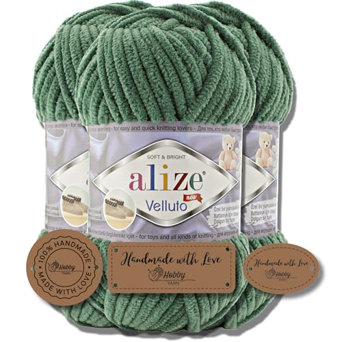 Hobby YARN 3x Etikettenlabel mit Alize Velluto Wolle Premium 3x100g als Set | Chenille Dicke Wolle zum Häkeln Uni Farbe Bulky Amigurumi Baby Kuschelwolle Filzwolle (Pine Green | 532) von Hobby YARN