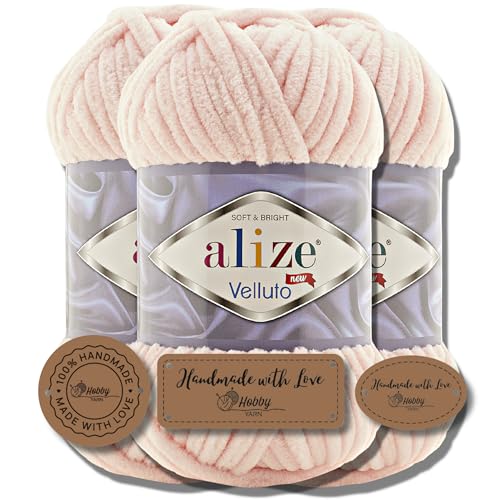 Hobby YARN 3x Etikettenlabel mit Alize Velluto Wolle Premium 3x100g als Set | Chenille Dicke Wolle zum Häkeln Uni Farbe Bulky Amigurumi Baby Kuschelwolle Filzwolle (Powder Pink | 340) von Hobby YARN