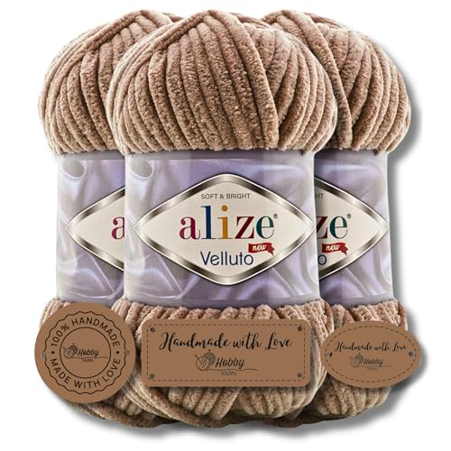 Hobby YARN 3x Etikettenlabel mit Alize Velluto Wolle Premium 3x100g als Set | Chenille Dicke Wolle zum Häkeln Uni Farbe Bulky Amigurumi Baby Kuschelwolle Filzwolle (Tobacco Brown | 329) von Hobby YARN