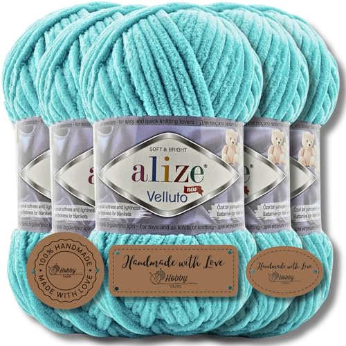 Hobby YARN 3x Etikettenlabel mit Alize Velluto Wolle Premium 5x100g als Set, Chenille Dicke Wolle zum Häkeln Uni Farbe Bulky Amigurumi Baby Kuschelwolle Filzwolle (Cyan - 490) von Hobby YARN